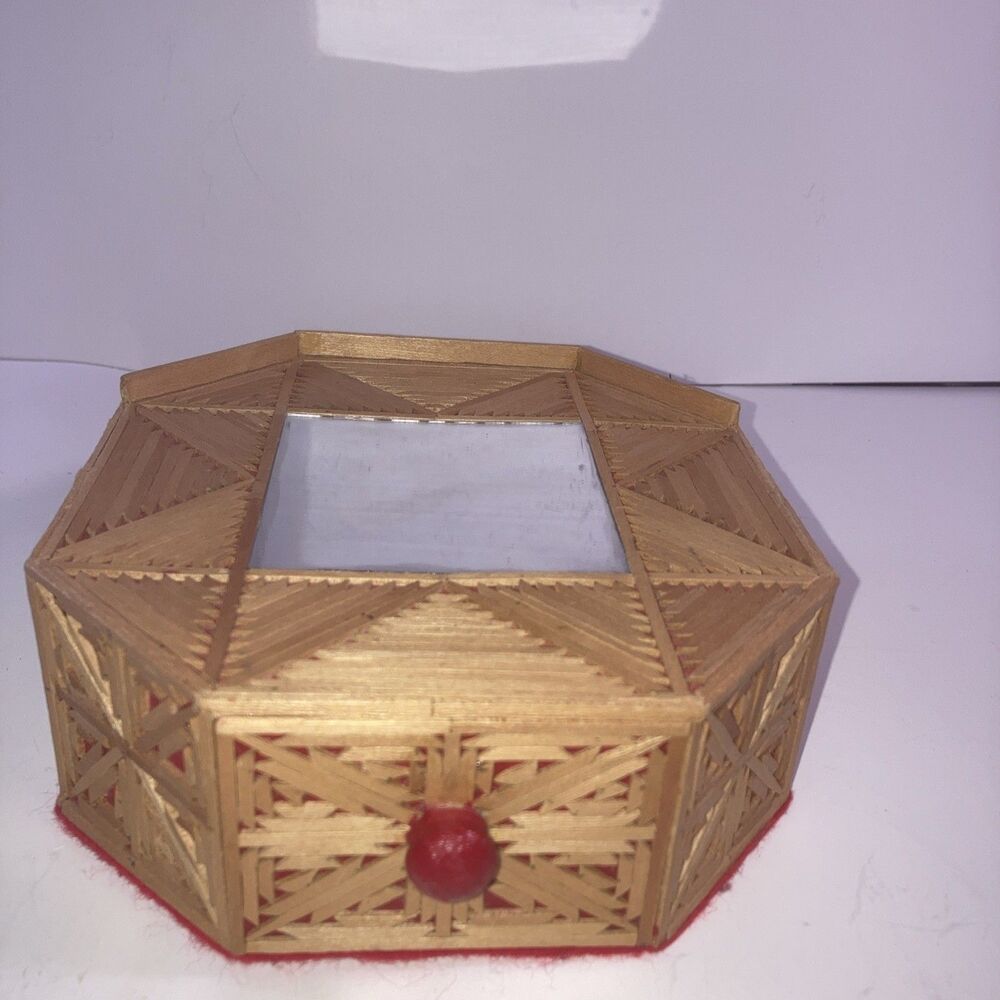 Vintage Hexagonal Rattan Bamboo Jewelry Box – Mirror Handmade